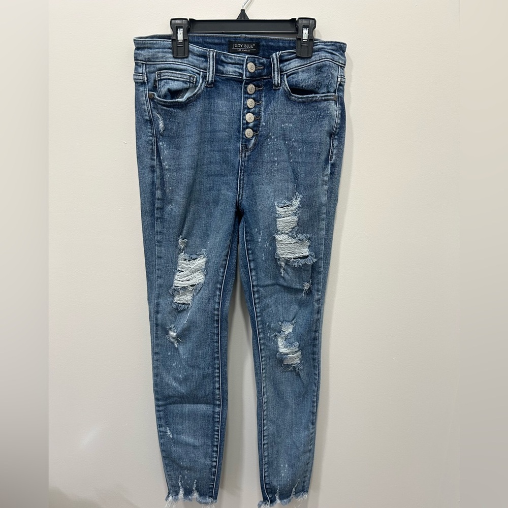 Judy Blue Jeans Size 7/28 Medium Wash Skinny‎ Fit Full Length Dressed Raw Hem